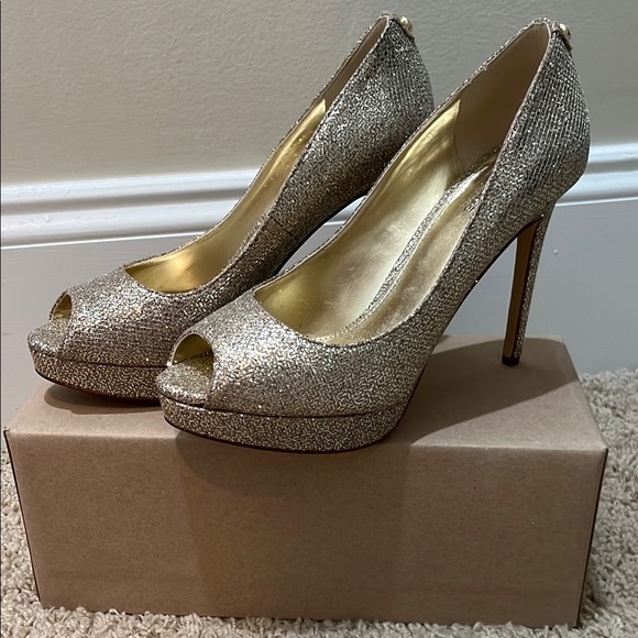 Michael Kors Glittering Gold Peep-Toe Heels - Picture 1 of 4
